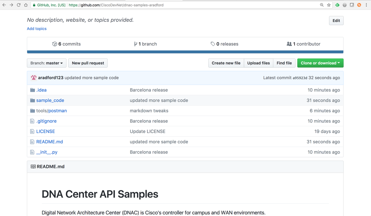 adamradford123's tweet photo. In preparation for #CLEUR I just pushed a bunch of examples for DNA Center. Sample python scripts, postman collections and more!  Can be used with the newly launched DNA Center sandbox! https://t.co/nmXovD0Kdd  @CiscoDevNet @TomDavies_UK @silviakspiva https://t.co/HpSTFBN4N2