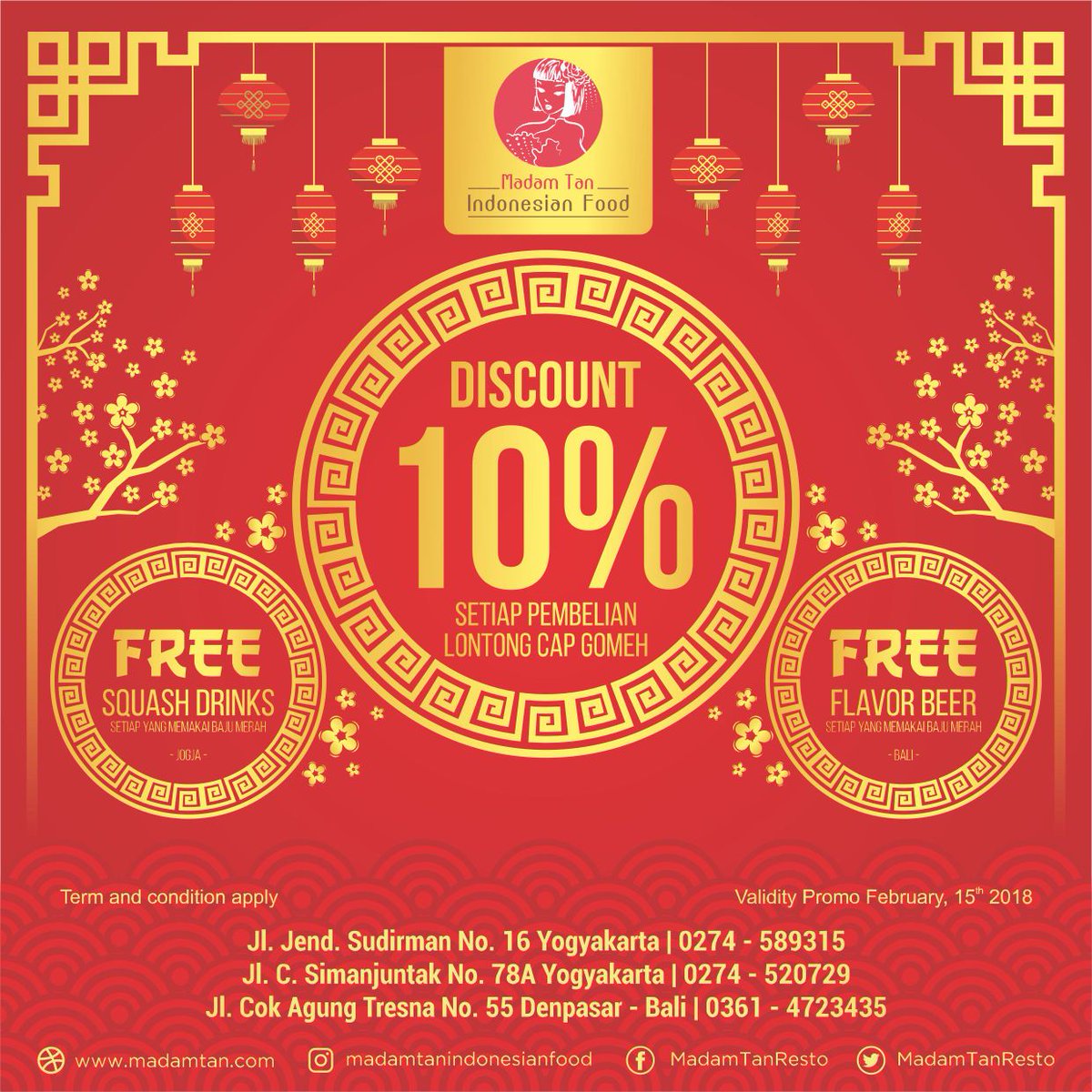 MadamTanResto's tweet photo. Promo imlek Madam Tan Indonesian Food Jogja &amp; Bali
Get 10% disc  untuk pembelian menu Lontong Cap Gomeh &amp; free drinks setiap menggunakan baju merah periode 15 &amp; 16 Feb 2018

#imlek #madamtan #madamtanresto #madamtantugu #madamtansimanjuntak #madamtanbali #indonesianresto https://t.co/eSyriGtuC3