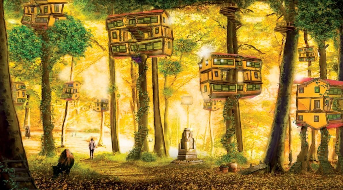 Accra, the capital of Ghana, is exposed to disastrous floods every year. In Ecotopia's imagined picture, locals seek to procure housing above the floodline by building low-cost tree cabins in the nearby forest | National Geographic