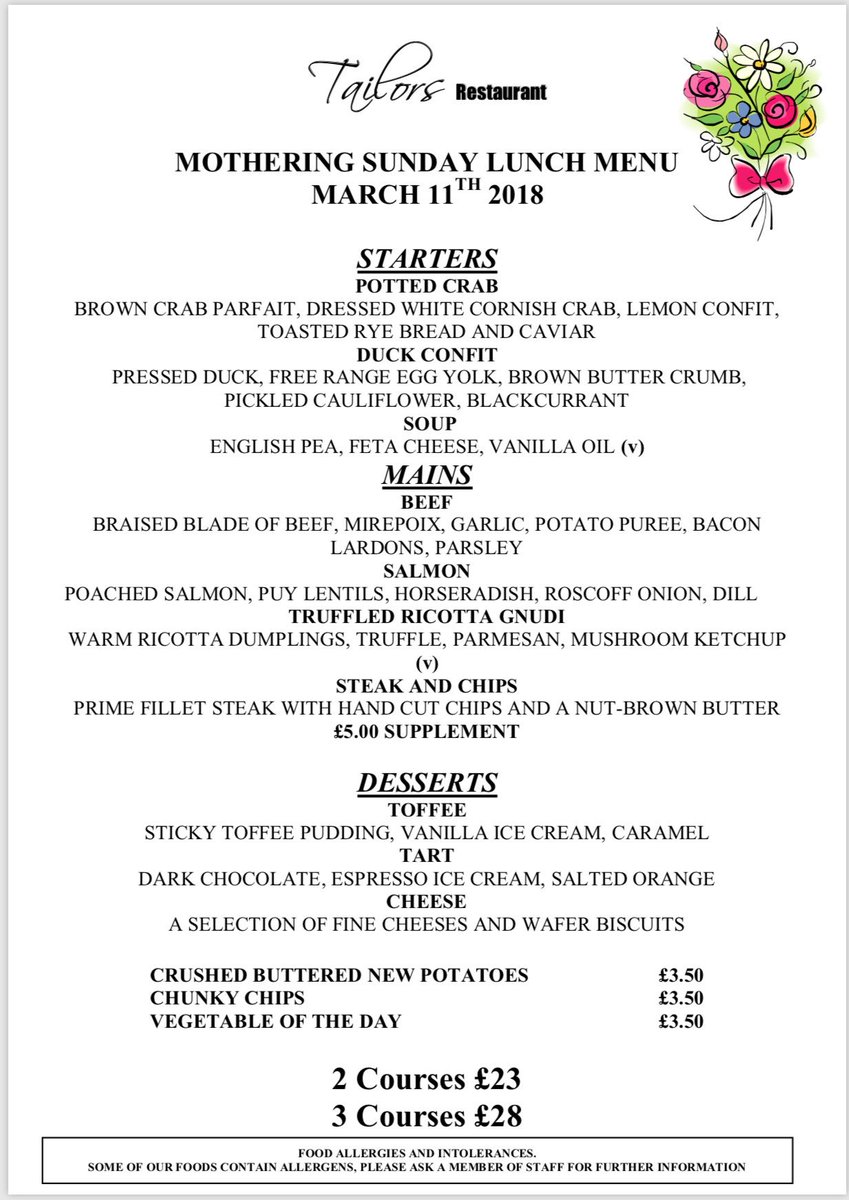 Treat your Mother this year on her special day at Tailors Restaurant.
Mothering Sunday 2018 
All mums will be treated to a glass of fizz 
So why not book your table now to avoid disappointment.