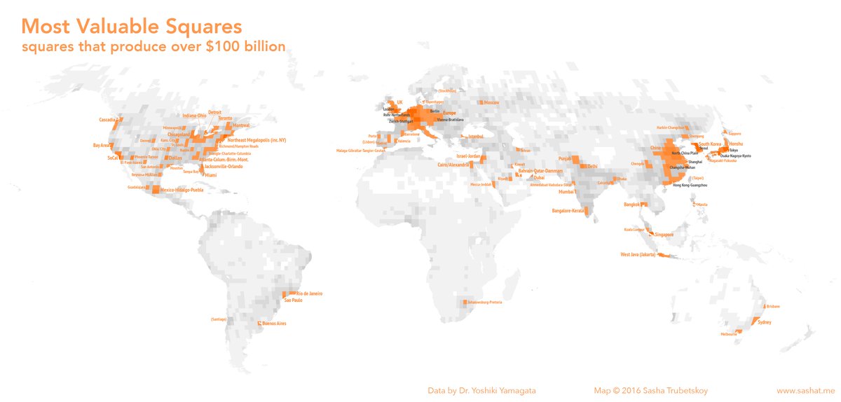 simongerman600's tweet image. #Map splits the world into equally sized squares. Squares with a GDP of $100 billion or more are coloured orange. Clearly shows the #geography of economic power. More here: buff.ly/2n8tUnj