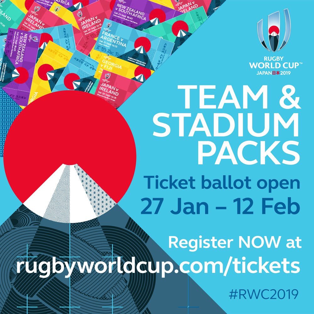The ballot is open!

From January 27th - February 12th you can register for stadium and team packs for #RWC2019

rugbyworldcup.com/tickets