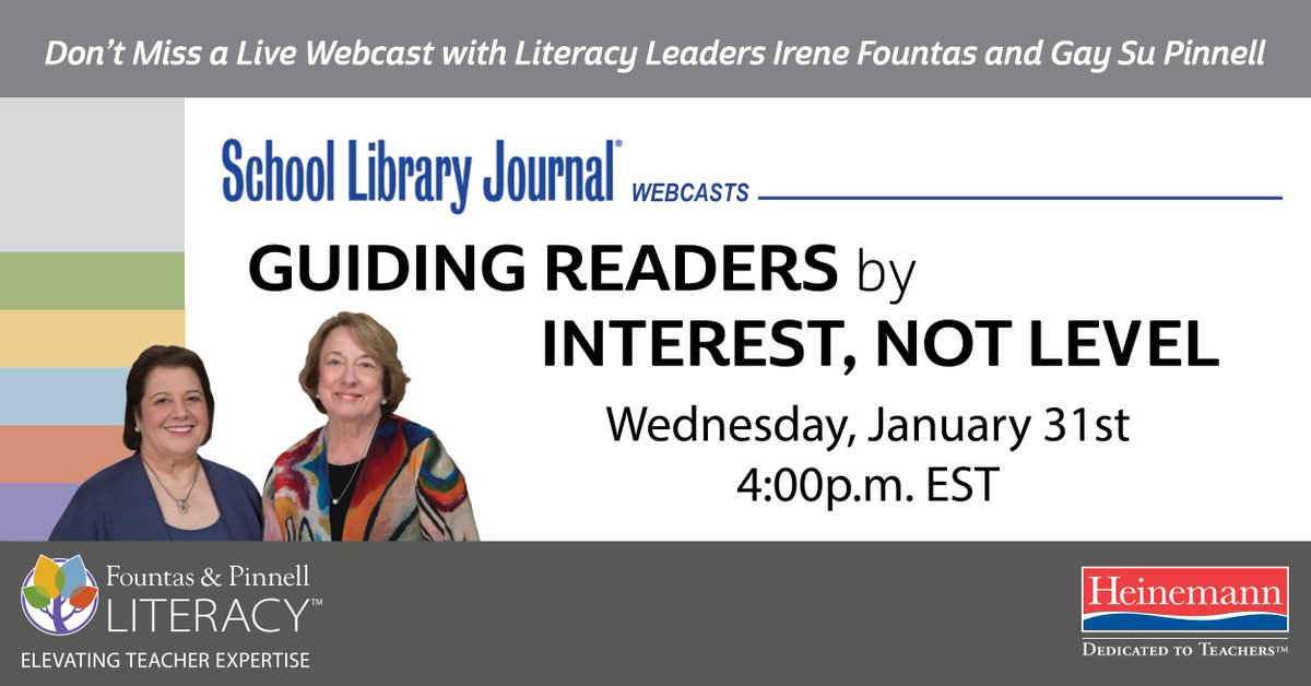 FountasPinnell's tweet image. On Wednesday, 1/31/18 at 4 p.m. EST we will be co-hosting a free LIVE webinar with @sljournal, called “Guiding Readers By Interest, Not Levels.” Register now! hubs.ly/H09PQNZ0 #FPLiteracy