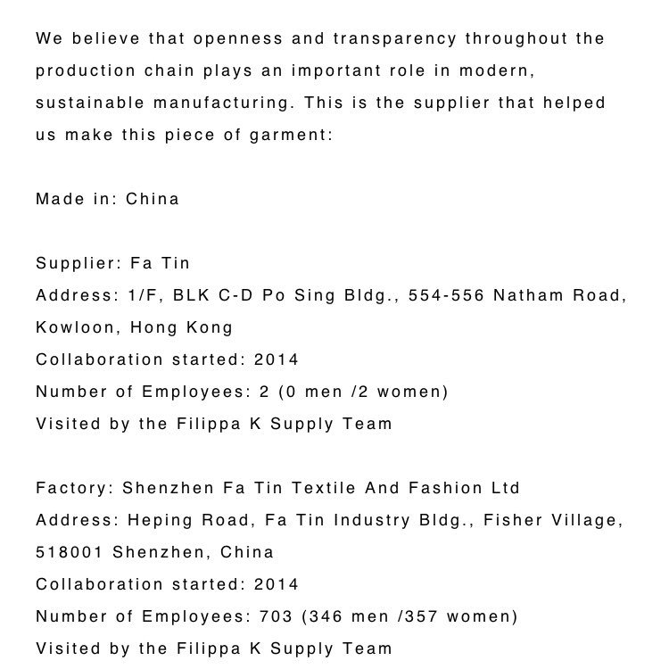 Swedish brand <a href="/Filippa_K/">Filippa K</a> is a good example of transparency. Bought a piece of garment today and I can read about who made it online.