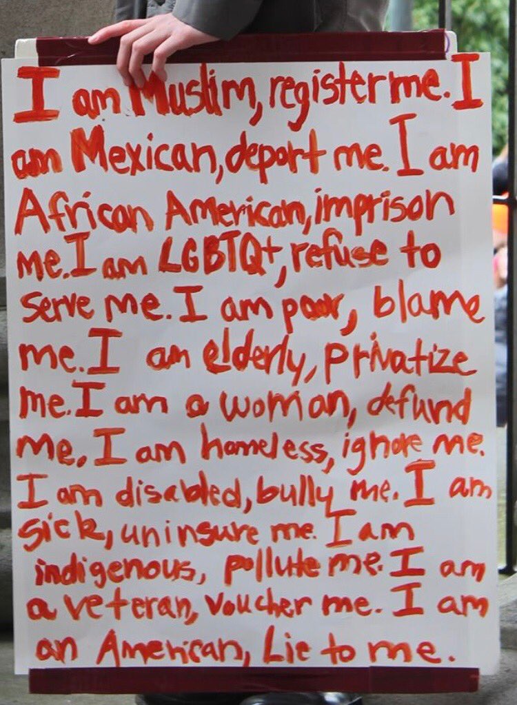 PPolenberg's tweet photo. @womensmarch #ImMuslim #RegisterMe #ImMexican #DeportMe #ImBlack #ImprisonMe #ImLGBTQ #RefuseToServeMe #ImPoor #BlameMe #ImWoman #DefundMe #ImHomeless #IgnoreMe #ImDisabled #BullyMe #ImSick #UninsureMe #ImIndigenous #PolluteMe #ImAVeteran #VoucherMe #ImAmerican #LieToMe https://t.co/5WpkABv89Z