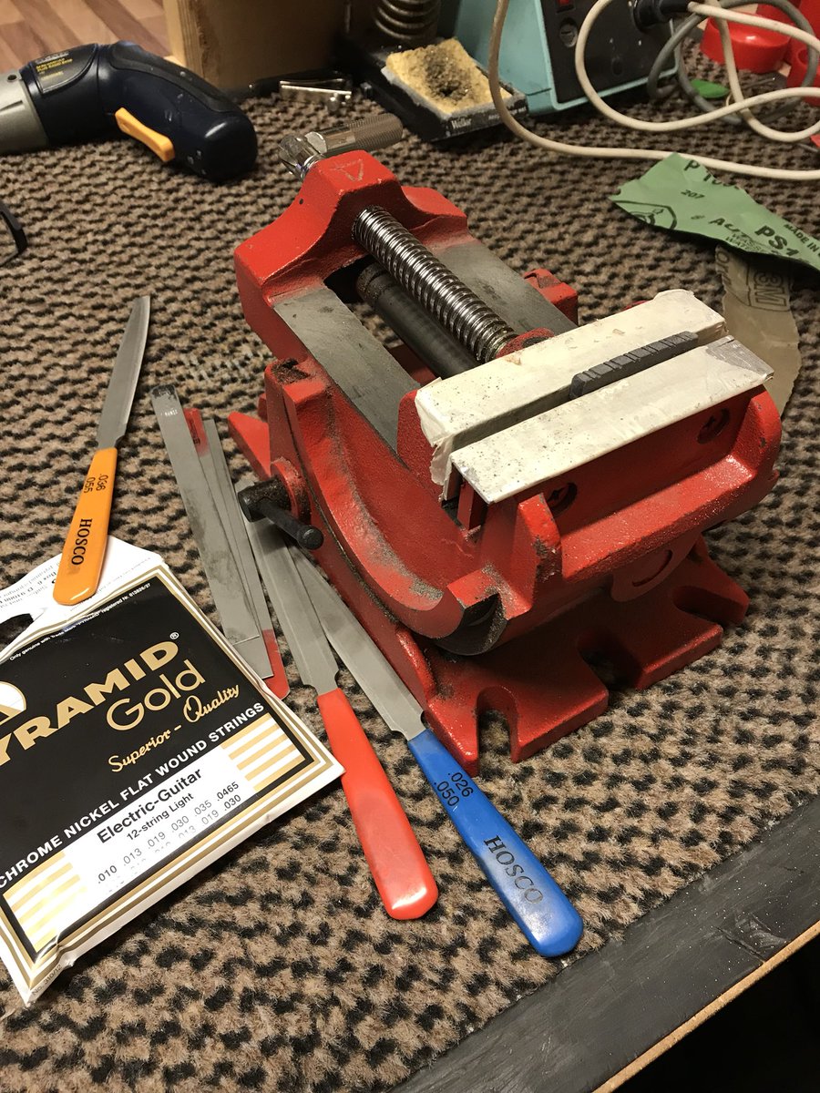 Guitarlodge's tweet photo. Italia 12 string conversion: Task, convert to Rickenbacker style string arrangement, fit flatwounds &amp; full setup. Involved some re-slotting of the nut &amp; bridge saddles, setup &amp; away you go. #pyramidgold #rickenbacker #12stringguitars https://t.co/oqilbQ5dYa