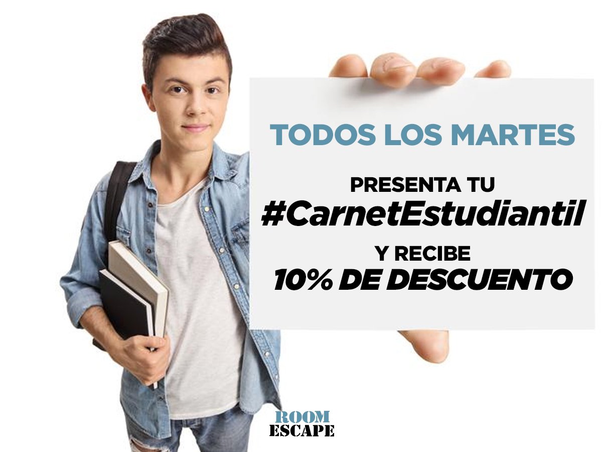 roomescapeec's tweet photo. Todos los #martes presenta tu carnet estudiantil 💁‍♂️💁‍♀️ y recibirás el 10% de descuento en el valor de tu entrada. 🤗 https://t.co/4JSAKs08Mr