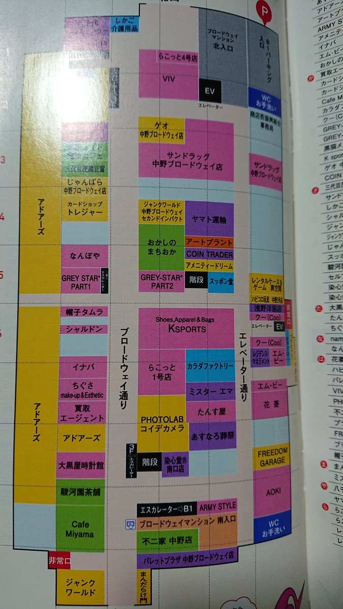 オゥカミ 中野ブロードウェイのパンフレット見てたら 地図があった 当たり前だけど こんな感じで建物が長かった 右下のaoki部分が暮海探偵事務所 洋服なくてバッグが多いイメージだったけど あれaokiだったのかな