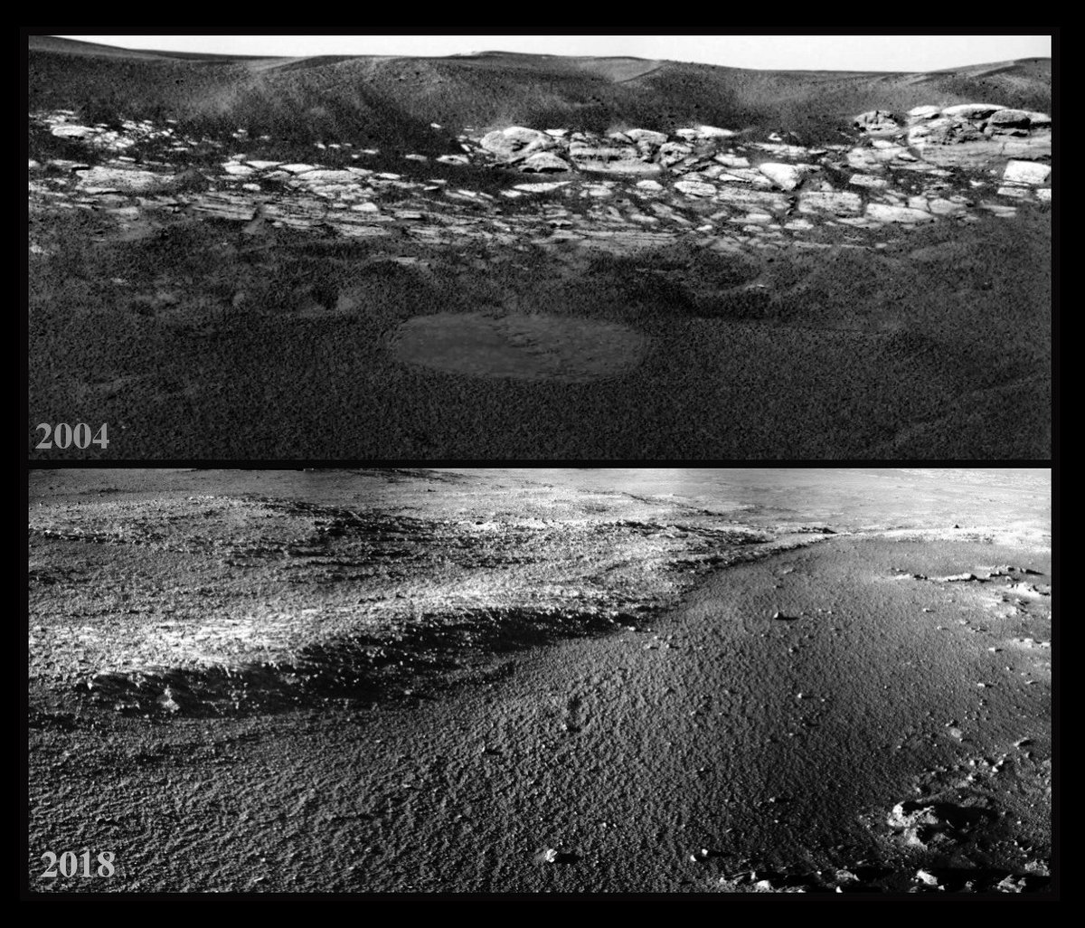 mars_stu's tweet image. 14 years ago #MERB Opportunity landed on Mars... she's still roving,  still doing amazing science... look how her view has changed... 2/3 After landing in "Eagle" crater she saw this ancient rock, now, exploring the HUGE "Endeavour Crater", she is exploring a meandering valley...