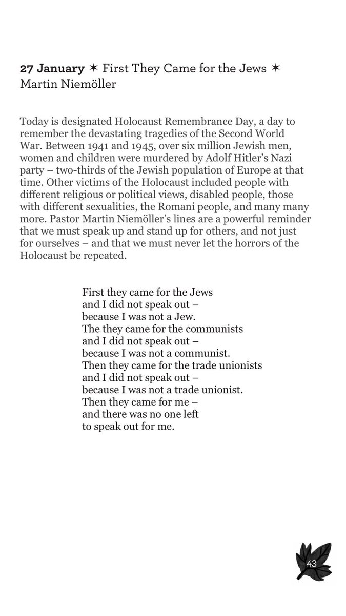 Today, Martin Niemoller's lines "First they came for..." for #HolocaustMemorialDay