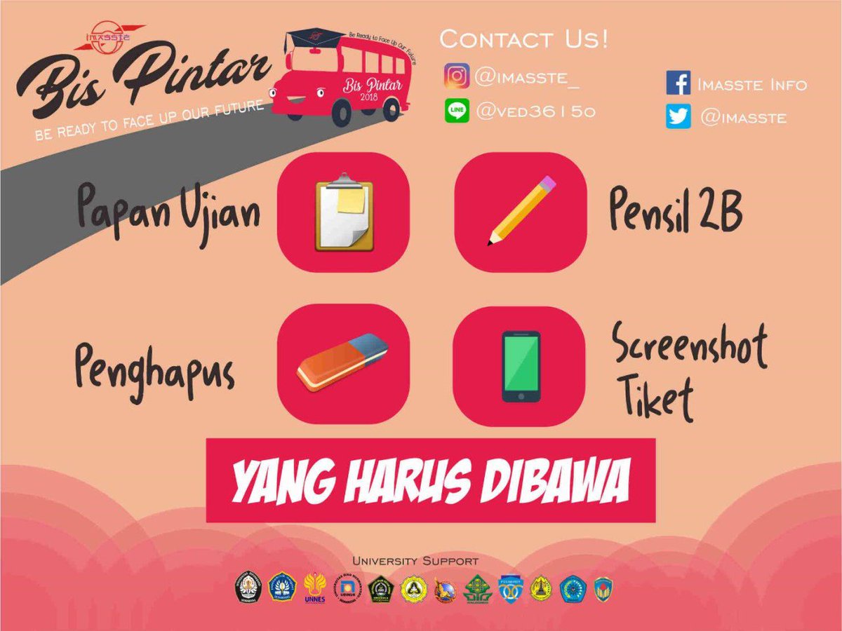 📚[PERLENGKAPAN YANG HARUS DIBAWA] 📚

Perhatian untuk adik adik peserta Try Out Bis Pintar 2018 berikut ini adalah Link dari benda-benda yang perlu kalian persiapkan untuk besok.

Klik saja di :
instagram.com/p/BedAcThnysc/