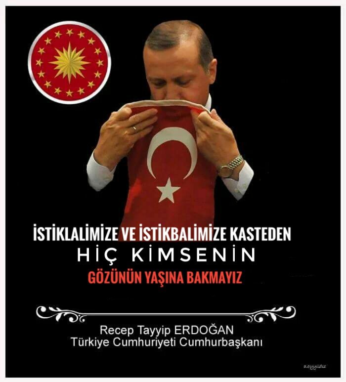 'İstiklalimize ve istikbalimize kasteden hiç kimsenin de gözünün yaşına bakmayız.' 
@tcbestepe @RT_Erdogan @gursoykeklik #AfrinOperasyonu 
#ZeytinDalıHarekatı #MilliMesele 
#ŞanlıOrdu 
#AskeriminYanındayım