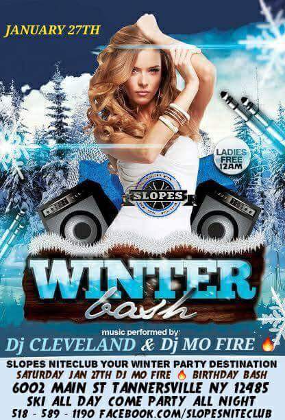 SlopesNiteClub's tweet photo. Tonight at @SlopesNiteClub Happy Hour specials from 4-10 and at 10 it's WINTER BASH w/ DJ Cleveland and DJ Mo Fire!! #huntermountain #slopesniteclub #slopesnightclub #HappyHour #djcleveland https://t.co/YtbNThqnlg