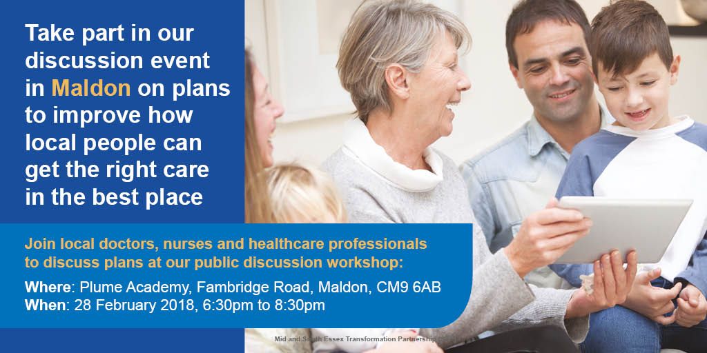 Take part in the @MSEssex_STP public discussion event in #Maldon on plans to improve how local people can get the right care in the best place. Wed 28Feb, 6:30pm to 8:30pm <a href="/PlumeAcademy/">PlumeAcademy</a>. Register here: bit.ly/2neT3Nk <a href="/MaldonDC/">Maldon District Council - #MaldonDistrict</a>