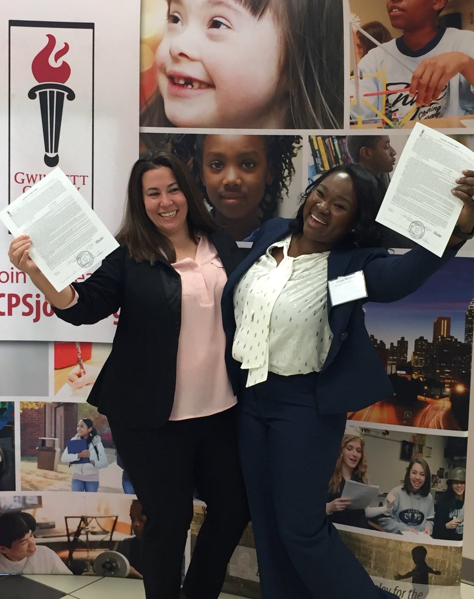 Linda__Anderson's tweet photo. Congratulations to Joann and Sandra, two of our newest special education teachers! @GwinnettSchools #gcpsspedjobfair2018 https://t.co/ZNrNlM6XNc