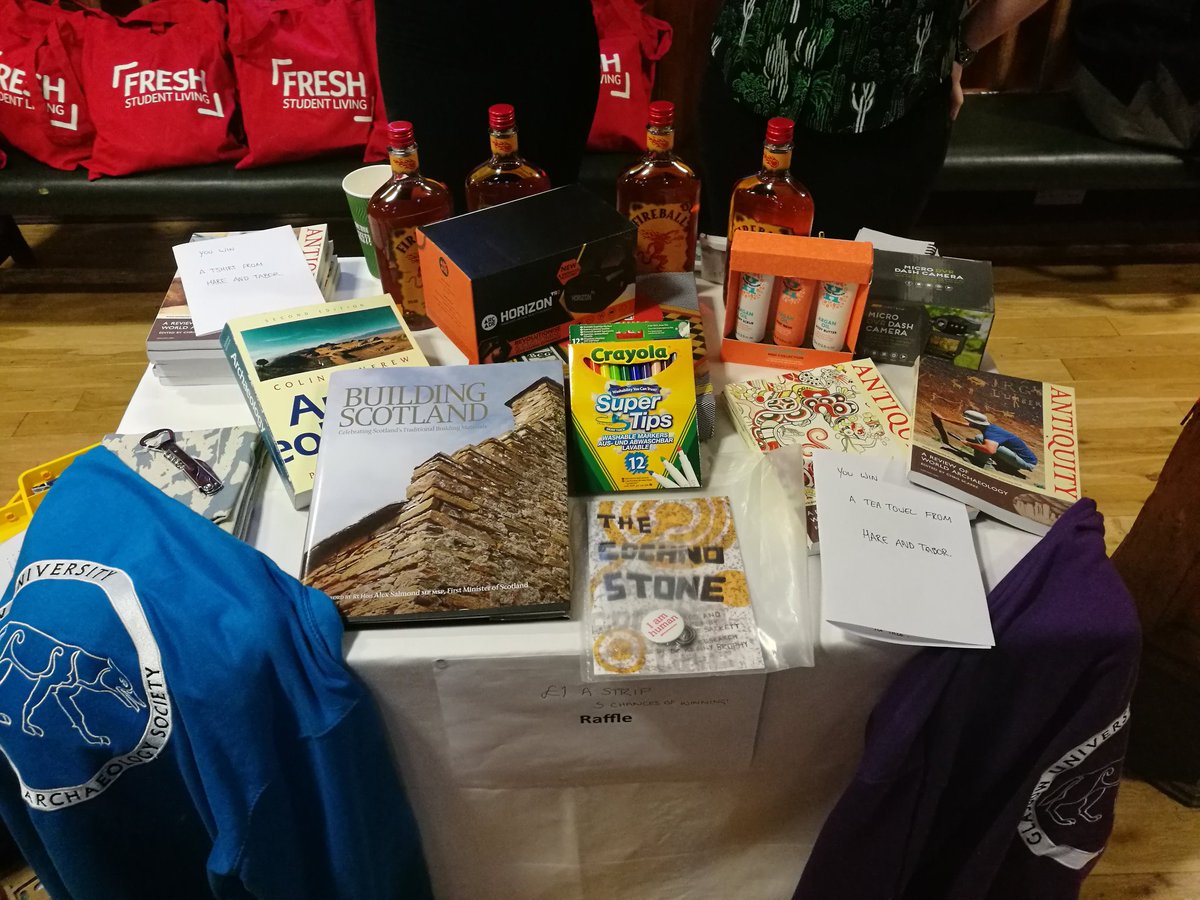 UofGArchSoc's tweet photo. Don't forget your raffle tickets for a chance to win some of these amazing prizes. Winners will be revealed tonight at the ceilidh #SSASC2018 https://t.co/sXKQEc74Bw