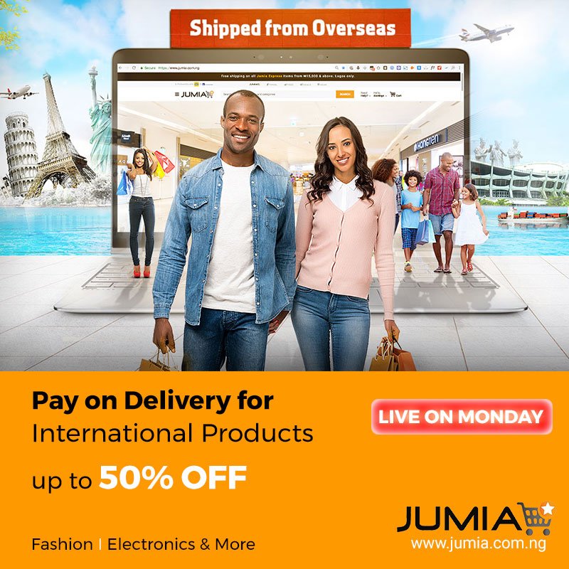 JumiaNigeria's tweet image. Love to shop overseas?
Enjoy up to 50% off and Pay on delivery from THIS MONDAY. ow.ly/XPAM30i21Hz