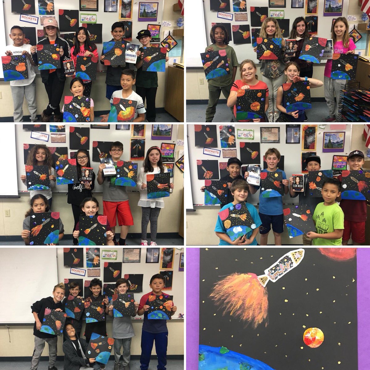 SteamSoCal's tweet photo. 4th & 5th grade Space Art. @SumacLSTEM. Art inspiration: The launch of the Atlas V and 7 minutes of terror (Mars Rover Landing.) #SpaceArt #RocketArt #SteamSoCal #SumacSteam #LVUSD #ThanksJPLEducation https://t.co/Czqcltmw3r
