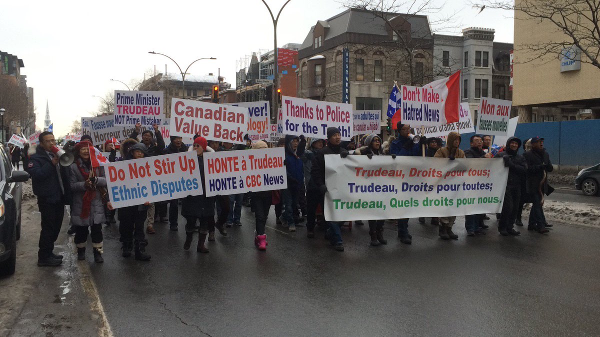 Luckystarangle's tweet photo. Canadians marching in Montreal protesting against @JustinTrudeau etc.’s hasty remarks condemning hate crime of a girl’s Hijab being cut before the @TOpolice1 even started investigation.. . @JustinTrudeau @Kathleen_Wynne @CBCNews need to apologize to all Canadians! https://t.co/LnRiFS2xIK