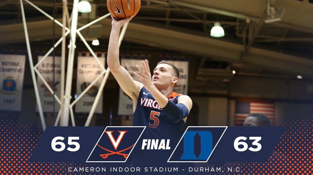 UVAMensHoops's tweet photo. No. 2 Virginia holds on to defeat No. 4 Duke on the road! Cavaliers have now won 11-straight and are 9-0 in ACC play! #UVAvsDUKE https://t.co/jfMAYocUtN