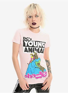 Shade, The Changing Girl is a bold new reimagining of one of comics’ maddest and most memorable characters and part of the DC’s Young Animal imprint led by rock-star Gerard Way. Fitted pink tee w/cover art inspired design by Becky Cloonan on the front. misscecil.tumblr.com/post/170175759…