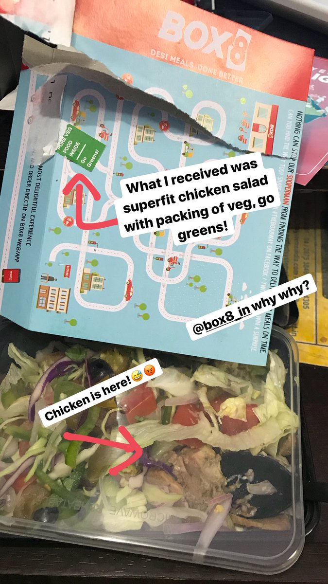 thevogueandfit's tweet photo. Box8 sent a non veg meal instead of a veg with a veg tag. I am a pure vegetarian and happened to have a spoon till I realised it’s chicken.? @BOX8_in #vegchicken #box8 #whywhywhy #box8fail https://t.co/i0bpr5dgnV