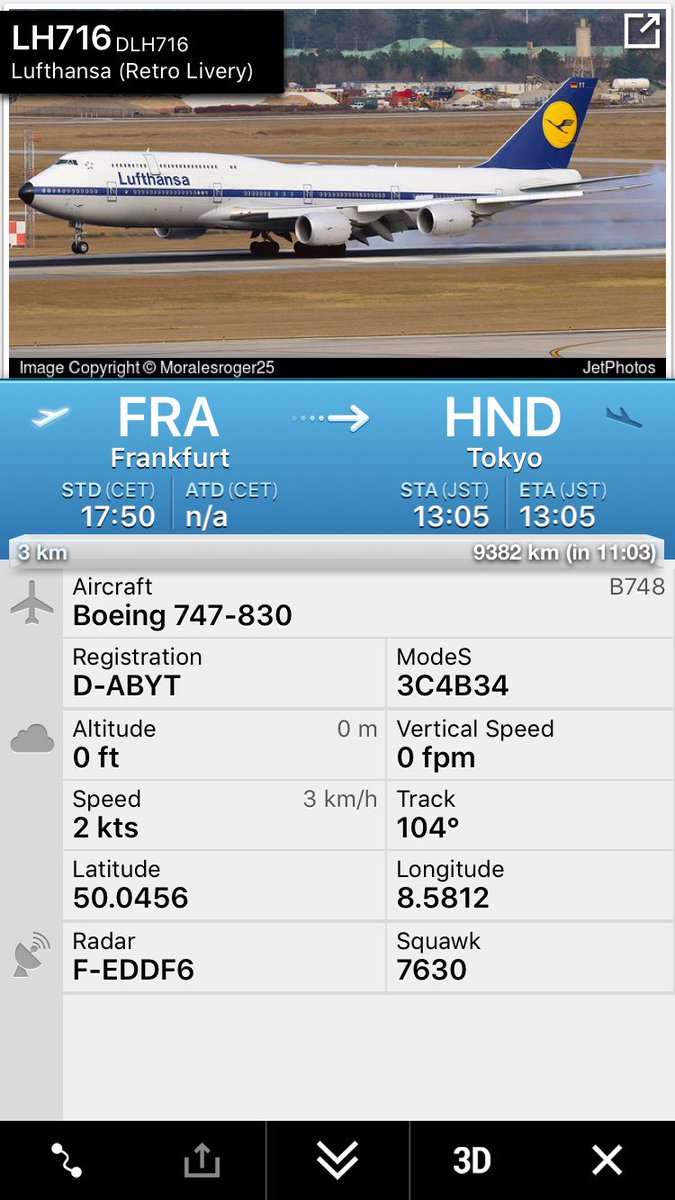 航空情報 Airplaneinformation على تويتر フランクフルト発 東京 羽田行き ルフトハンザドイツ航空 Lh716便 ボーイング747 8 D Abyt レトロ塗装で運航 到着予定時刻は13 05 推定