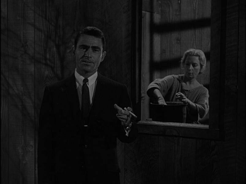 "This is the woman who lives in the house. A woman who's been alone for many years. A strong, simple woman whose only problem until this moment has been acquiring enough food to eat. A woman about to face terror which is even now coming at her — from the Twilight Zone." #S2E15