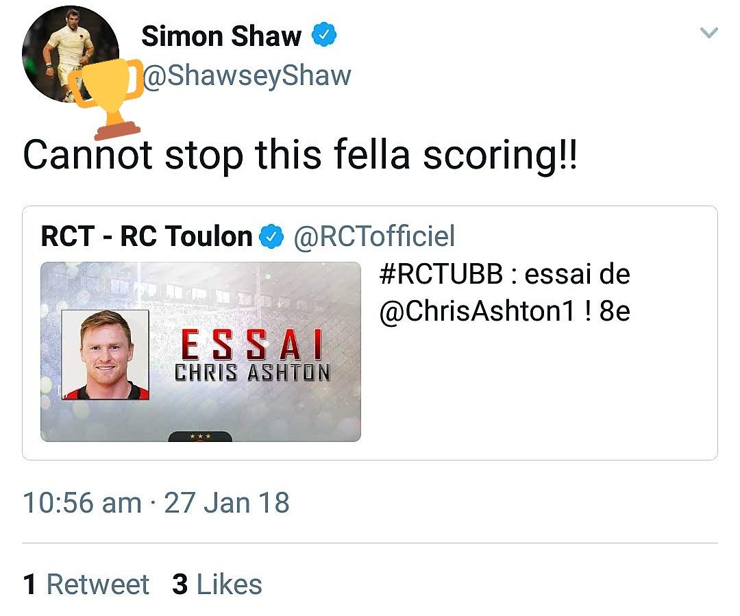 simonshawrugbyG's tweet photo. @jean_marc83 @ShawseyShaw #INDEEEED MY @ShawseyShaw 🏉🏉LEGENDARY FELLA🏆 #ALLLLEZTOULON @RCTofficiel 🔴⚫🔴⚫ #BRAVOOOO @ChrisAshton1🌟👏👏👏👏 #ESSAI https://t.co/sb6bYz6ioM