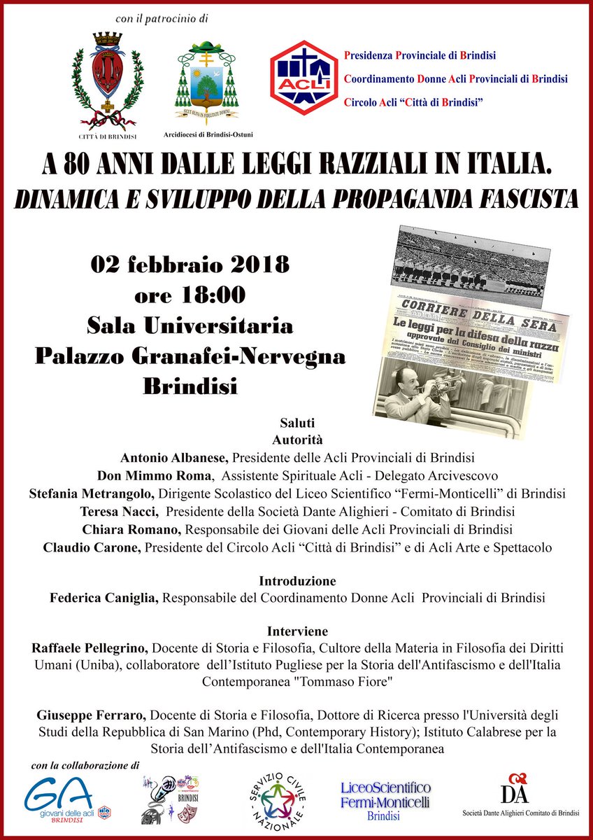 AcliDonneBr's tweet photo. In occasione della #GiornataDellaMemoria2018, il 2 febbraio ore 18.00 c/o Palazzo Granafei- Nervegna di Brindisi  l' incontro: A 80 anni dalle leggi razziali in Italia. Dinamica e sviluppo della propaganda fascista https://t.co/3x3PgVe6Fq