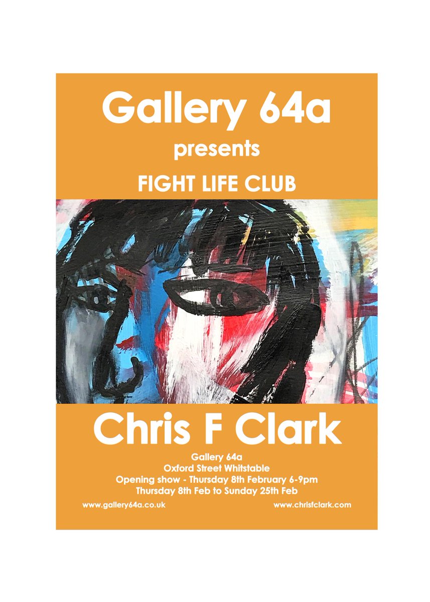 New exhibition coming up <a href="/gallery64a/">Gallery 64a</a> 'Fight Life Club' solo show by the artist Chris F Clark. 
The PV open to all - is on Thursday 8th February from 6-9pm.
#whitstable #canterbury #contemporaryart