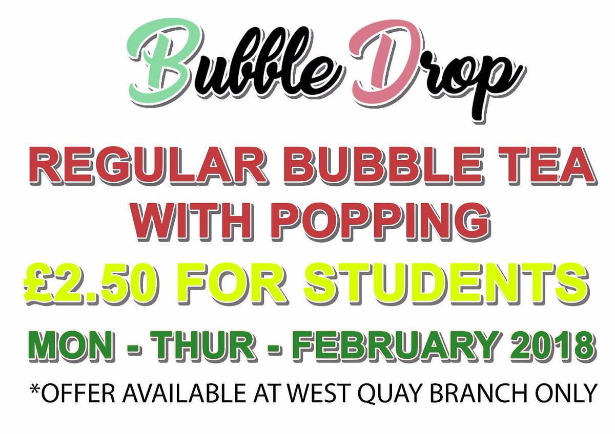 bubbledropuk's tweet photo. Introducing our February Student Promotion! Any regular Bubble Tea with topping £2.50 for all students Monday to Thursday for the whole of February! **Also Share and like this post to be in for a chance of winning a tub of our poppings. The winner will be announced February 28th* https://t.co/v6sJJZO7G2