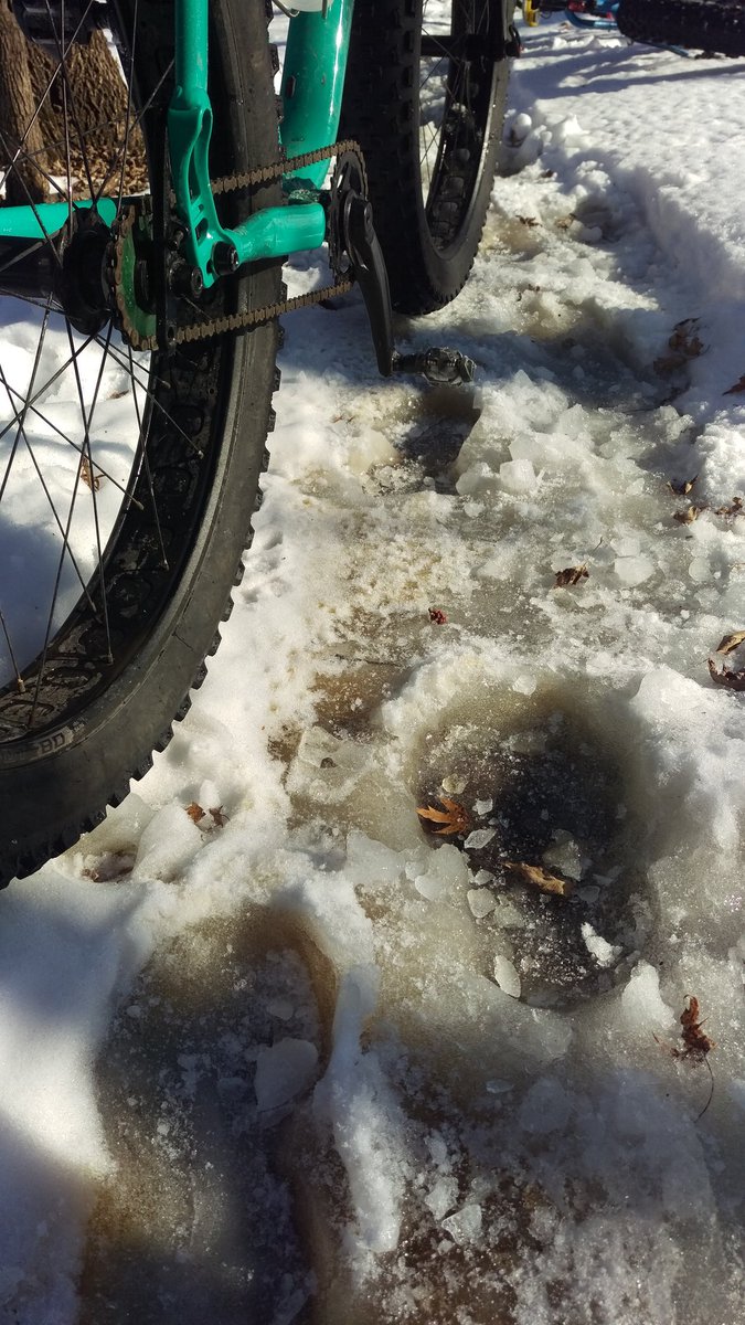 The bad. Frozen, 4" wide, deep foot prints. Makes the trail rough, unstable, creates huge potential for breaking bones, falling or causing miss direction on bike. Please let us do our work to create a safe user experience for everyone in the woods! We DO want everyone out there.
