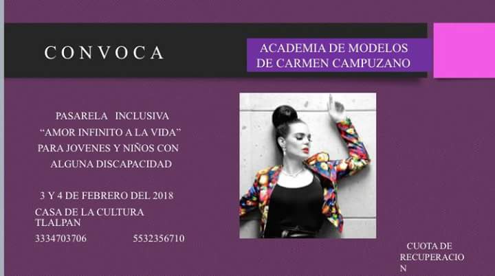 Pasarela inclusiva "Amor infinito a la vida" 
Para jóvenes y niños con #discapacidad
Casa de la cultura Tlalpan los días 3 y 4 de febrero.
Cuota de recuperación
Más información: 3334703706, 5532356710
#DiscapacidadMotriz #inclusión