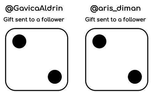 You roll the dice and ...
What was <a href="/GavicaAldrin/">Aldrin Gavica</a>'s gift of 19 $PINK (0.86 $USD), has been given to @naxatras1

<a href="/aris_diman/">Aris Diman</a> gave their gift of 22 $PINK (1 $USD) to <a href="/FadhelKineko/">Fadhel Kineko</a>

You can donate your gift to educationaltheatrefoundation.org by replying "donate 30251"