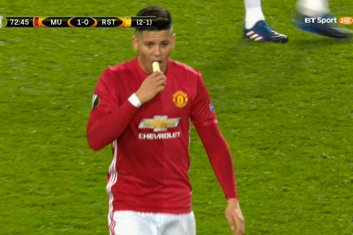 March 2017: Marcos Rojo eats a banana during United's Europa League tie vs Rostov 