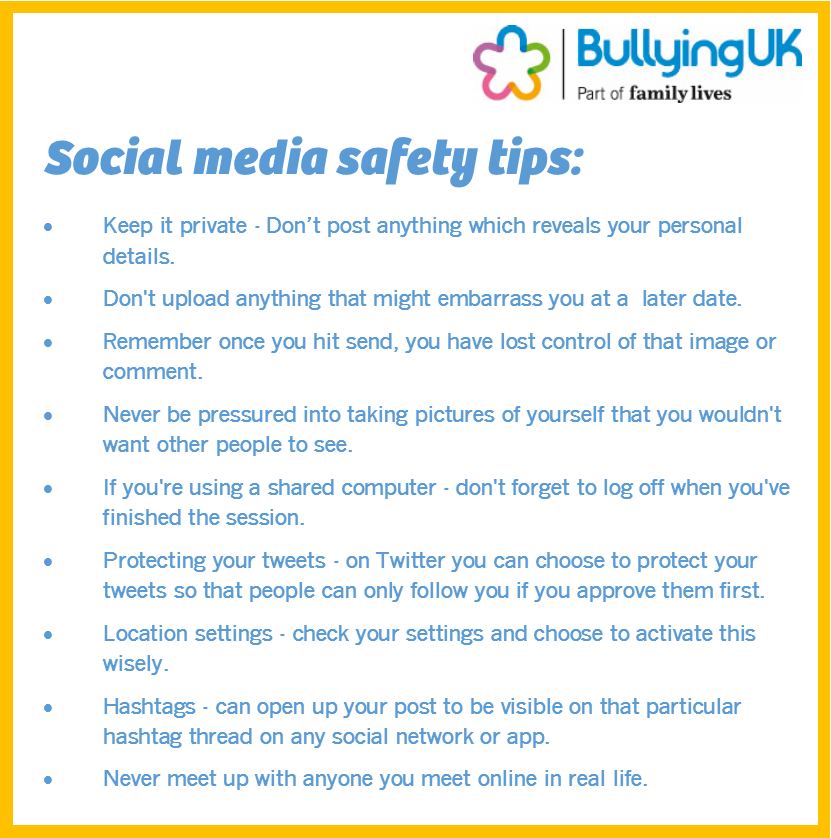 bullyinguk's tweet photo. Read our top tips for staying safe on #socialmedia https://t.co/aVvpzmaea9 https://t.co/MmNWtaOKIg