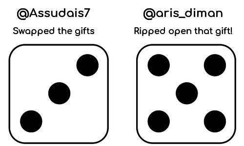 You roll the dice and ...
Inside their gift, <a href="/Assudais7/">Assudais</a> had 31 $PINK (1.4 $USD)

27 $PINK (1.22 $USD) was unwrapped by <a href="/aris_diman/">Aris Diman</a>

You can donate your gift to educationaltheatrefoundation.org by replying "donate 80851"