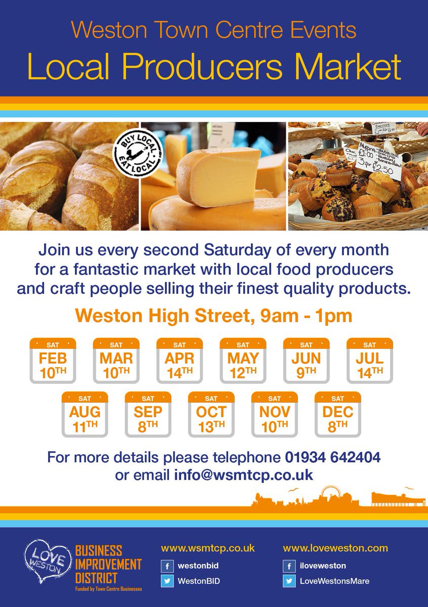 visitweston's tweet photo. Visit Weston-super-Mare High St every second Saturday of every month for a fantastic market with local food producers and craft people selling their finest quality products 🌽

The local producers market this month is tomorrow from 9am.

@WestonBID https://t.co/eTccQmH9t2