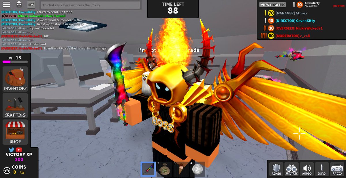 Covenk On Twitter Huge Update Go Check It Out I M So Hyped Craftable Godlies Craftable Immortals Highest Tier New Radios Knife Box Improved Crafting New Lobby With A Daily Obby - all 12 mmx codes roblox murder mystery x youtube