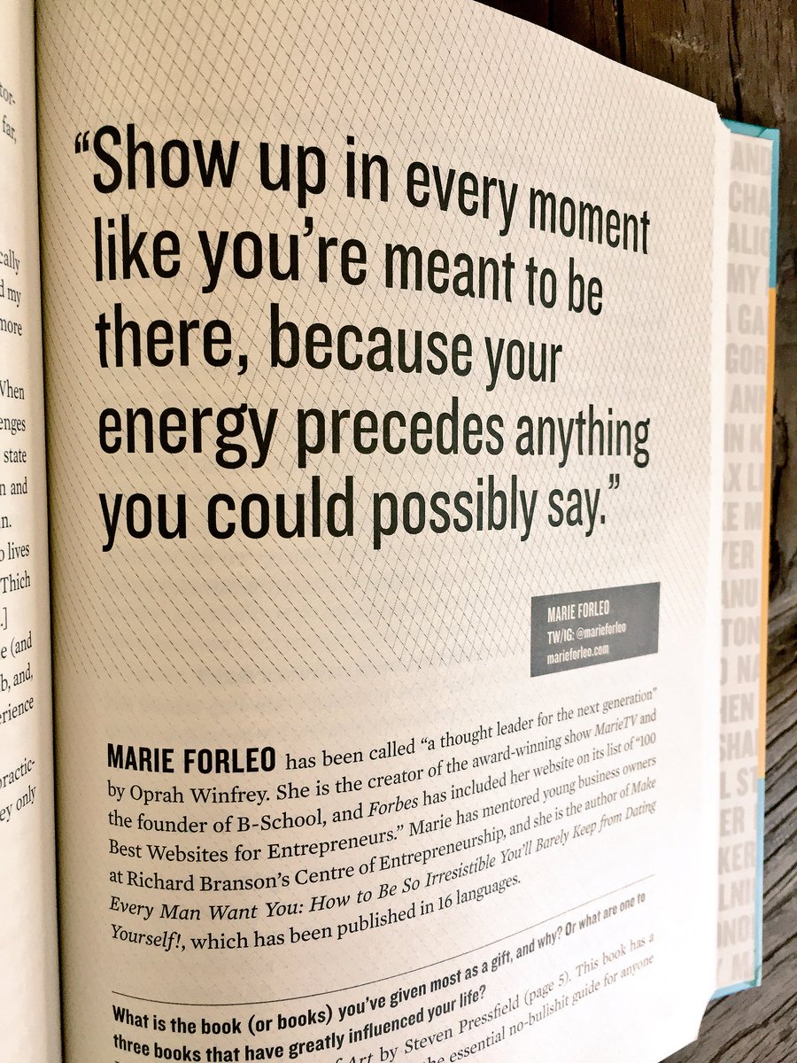 “Show up in every moment like you’re meant to be there, because your energy precedes anything you could possibly say.” <a href="/marieforleo/">Marie Forleo</a> <a href="/tferriss/">Tim Ferriss</a> #advice