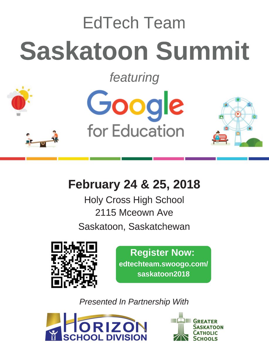 RandolphMacLEAN's tweet photo. 📣 @edtechteam @GoogleForEdu Saskatoon Summit is a few weeks away 😉! Get your school teams together or come solo - you’ll leave w/ an amazing PLN & ideas to take your school & Division 🚀 #edCan #edchatCan @SaskTeachersFed @SSBLeaders @ASBA @qesba @SASBO_SK @NBTeachersAssn https://t.co/9I3wIQ7ovq