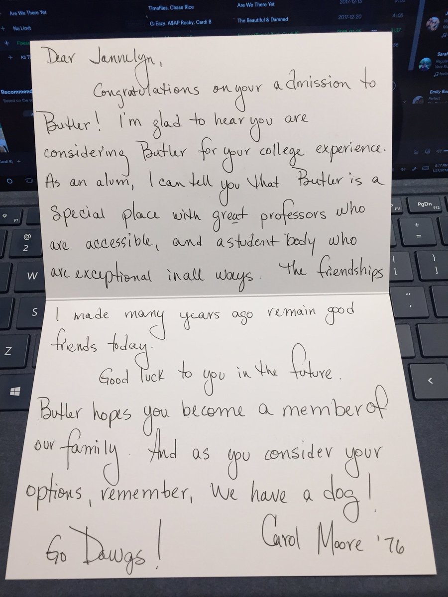 JimSantosBU's tweet photo. Yet another reason why i love @butleru: @ButlerAlumni Carol Moore โ76 reached out to my little sister with this awesome, small gesture of a letter. #ButlerFam #GoDawgs https://t.co/hDvxKqQ82I