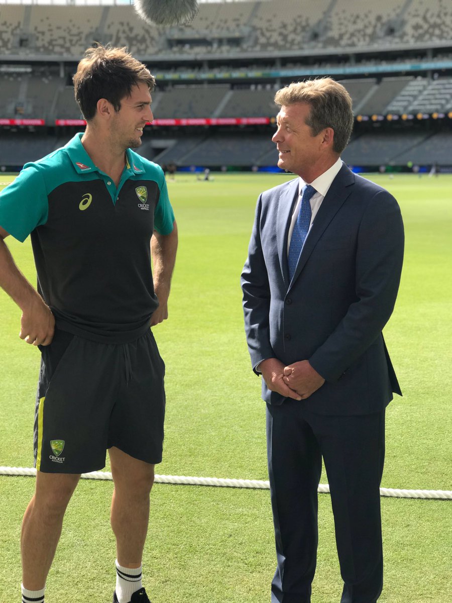 What a day....first major event at new Stadium... having chat with Mitch Marsh ahead ODI and our special #9News <a href="/9NewsPerth/">9News Perth</a> Bulletin at 10am and of course Nine News straight after the cricket...