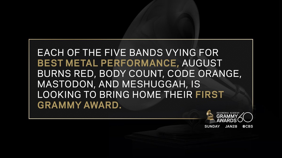 RecordingAcad's tweet photo. .@abrband, @BodyCountBand, @codeorangekids, @mastodonmusic, and @meshuggah are the five bands vying for Best Metal Performance ➕ looking to bring home their first GRAMMY Award!

Tune in TOMORROW to watch the #GRAMMYs at 7:30 p.m. ET/4:30 p.m. PT on @CBS: https://t.co/FmqNThNfLO https://t.co/Yj0FxPjXAF
