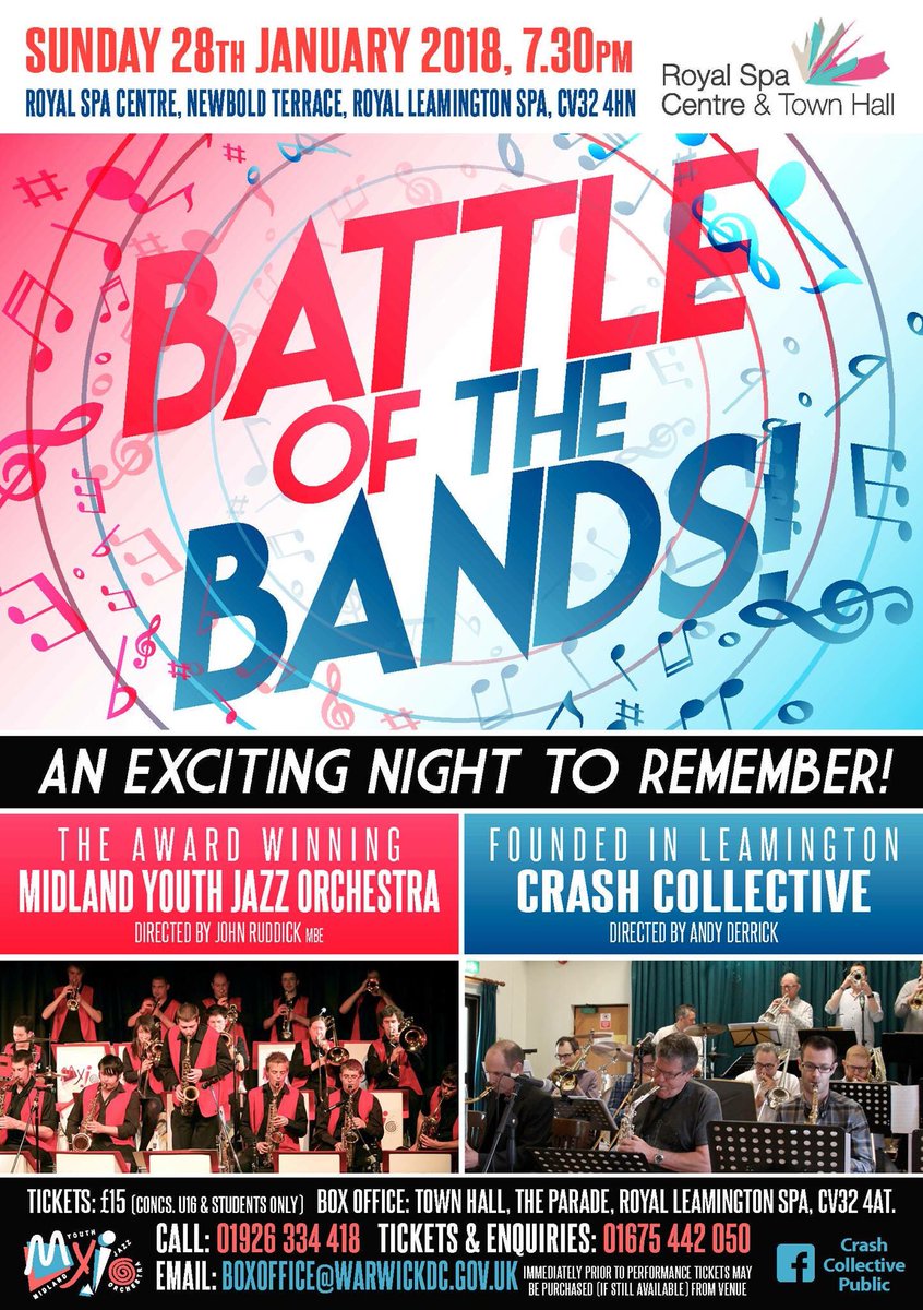 myjojazz's tweet photo. *** BATTLE OF THE BANDS ***
@myjojazz vs @crashcollectiv 
Come and join us for a spectacular evening of big band music!! Use #votemyjo to support the band !!

 #myjo #crashcollective #jazz #bigband #battle #leamingtonspa #votemyjo https://t.co/qhOCnnnIOG