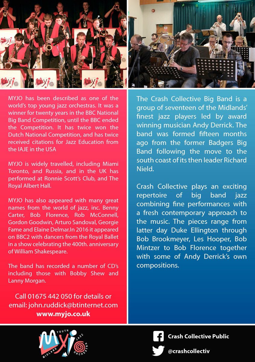 myjojazz's tweet photo. *** BATTLE OF THE BANDS ***
@myjojazz vs @crashcollectiv 
Come and join us for a spectacular evening of big band music!! Use #votemyjo to support the band !!

 #myjo #crashcollective #jazz #bigband #battle #leamingtonspa #votemyjo https://t.co/qhOCnnnIOG