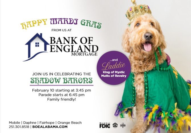BOEMortgage's tweet photo. #Alabama friends, make plans to join in on the fun for our 4th annual #MardiGras #Party on the evening of the #ShadowBaronsParade! Our Alabama branch is hosting &amp; will provide #food, #fun and #drinks for all ages! #mobile #fairhope #daphne #shrovetuesday 
https://t.co/NYDn3E1W1K https://t.co/lzUO58Wiwk