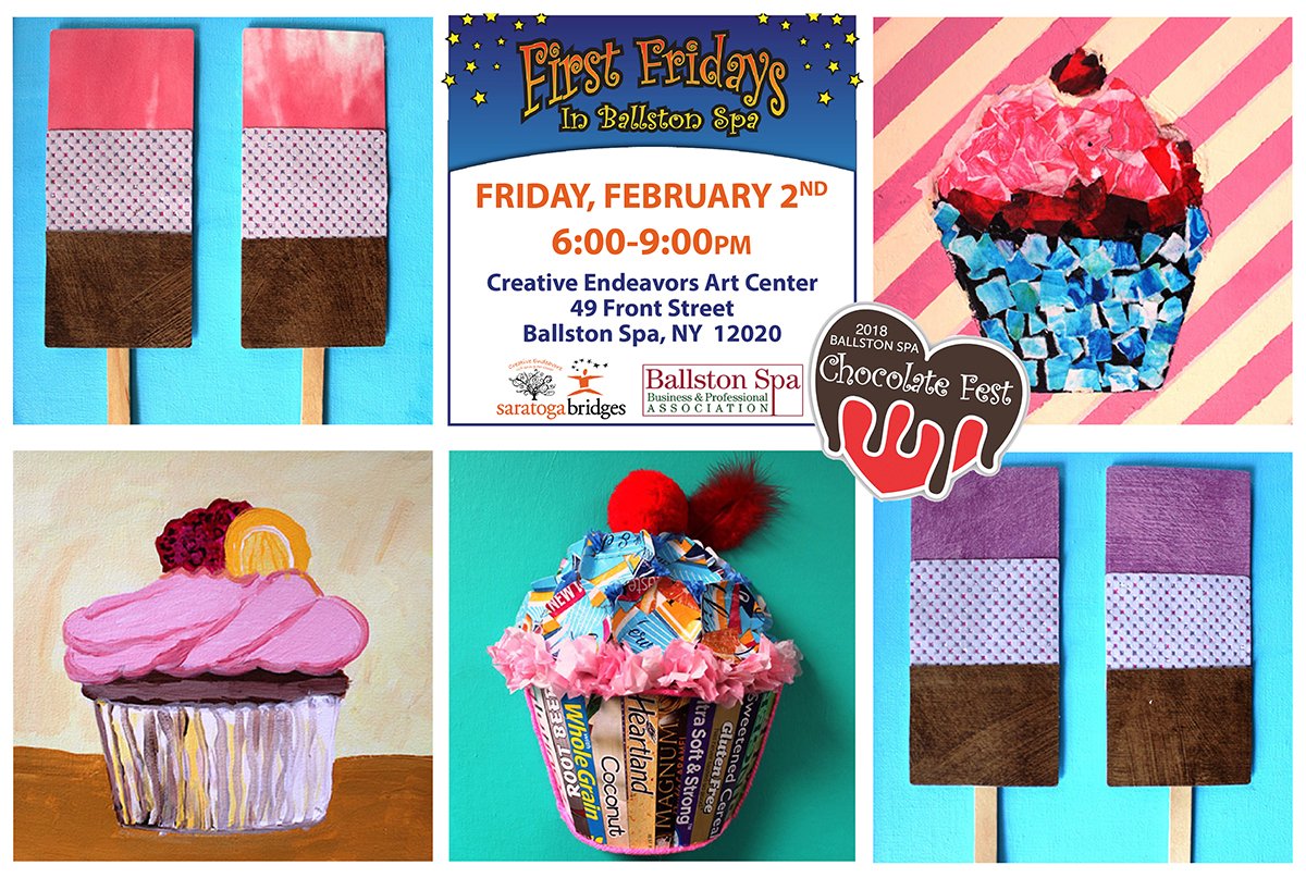 SaratogaBridges's tweet photo. Creative Endeavors is participating in the 5th Annual Chocolate Fest on First Friday, 2/2/18 from 6-9pm in Ballston Spa. Visit the opening reception of “The Sweet Tooth Show” featuring pieces of sugary treats.
#FirstFridayBspa #livebspa #ballstonspa #firstfriday https://t.co/cU3h90yU5e