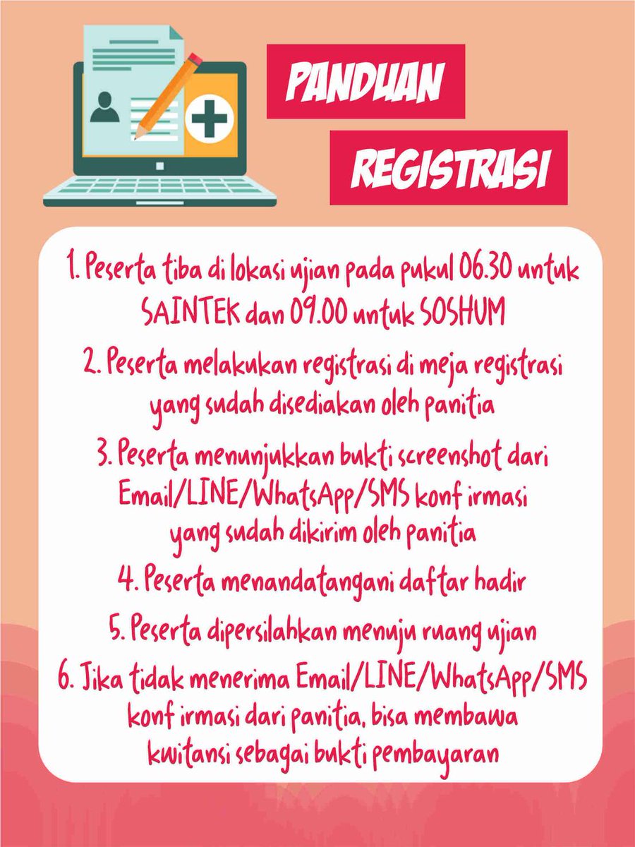 [PANDUAN REGISTRASI TRY OUT BIS PINTAR 2018]

1. Peserta Try Out diharapkan datang sesuai waktu yang ada pada caption E-tiket. Sesuai ketentuan Soshum atau Saintek. 
2. Peserta melakukan registrasi di meja yang telah disediakan panitia 

More info click :

instagram.com/p/BedNA4OnDlc/